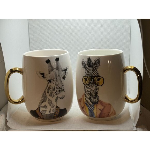 Pier 1 Book Club Giraffe Mugs Clothed Animal Gold Handled Coffee Cups Fine Chin - Picture 1 of 8